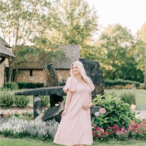 Worth Collective Hamilton Midi Dress with Puff Sleeves in Blush Pink
